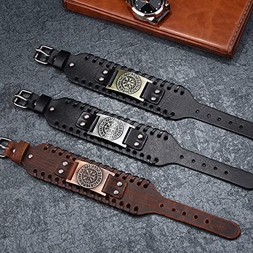 Black Leather Bracelet Viking Vegvisir Campass Nordic Runes Leather Wristband Bangle Bracelet for Men