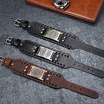 Mei's Viking Armband | Hammer & Runes | Stainless Steel - Echt Leder