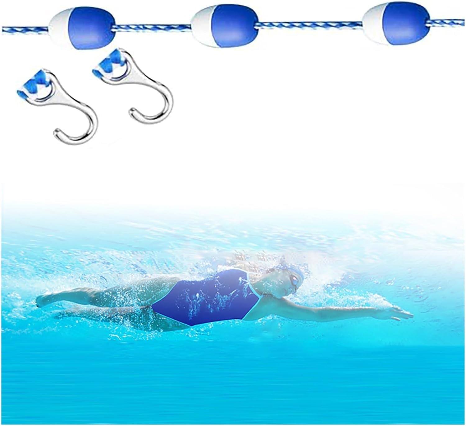 JKJZSALJ Pool Safety Hook Floating Pool Divider Rope, Pool Lane Divider Floats With 2 Hooks, Safety Pool Division Cordon, Adjustable Pool Safety Rope, Blue White Pool Buoy Kit For Indo,15m/49.2ft