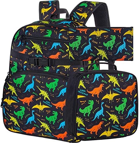FTJCF 3PCS Dinosaur Backpack for Boys, 16" Kids Bookbag and School Bag with Lunch Box Set for Elementary Preschool Kindergarten - Black