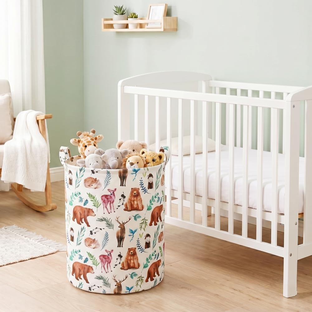 Kids Laundry Basket Waterproof Woodland Animals Baby Laundry Hamper Child Toy Organizer Storage Bedroom Nursery Hamper for Boys or Girls Bedroom Deco (White)