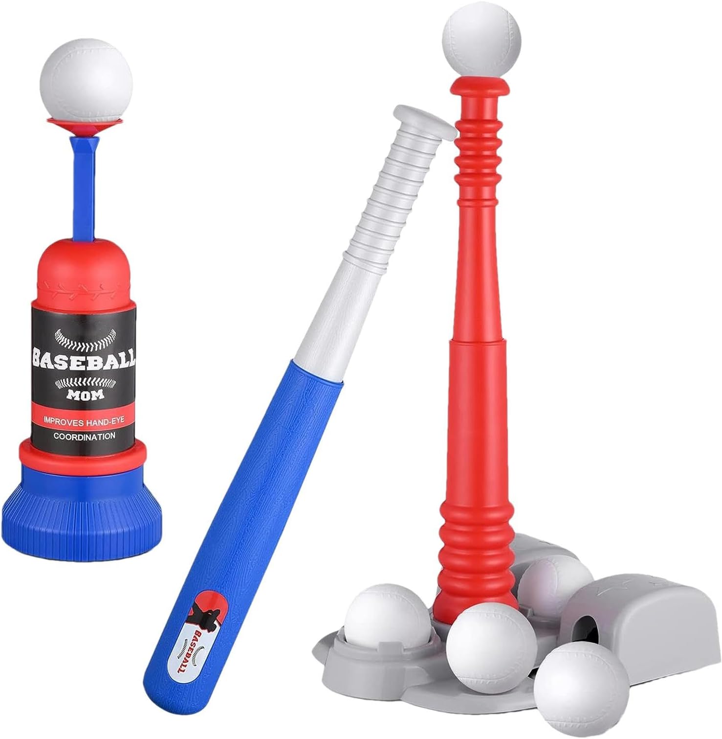 Kids Tee Ball Set, T Ball Sets For Kids, Kids Teeball Toy Sets With Baseball Target Fixed, Ejection Baseball Batting Tee And 6 Baseballs, Adjustable Height Teeball Batting Tee Outdoor Toys