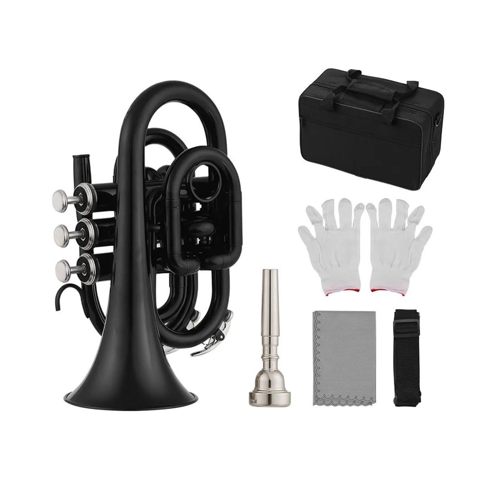 Trąbki Trąbka Kieszonkowa Bb, Płaski Instrument Dęty Z Mosiądzu Z Ustnikiem, Futerał Do Przenoszenia Akcesoriów (Color : Bk)