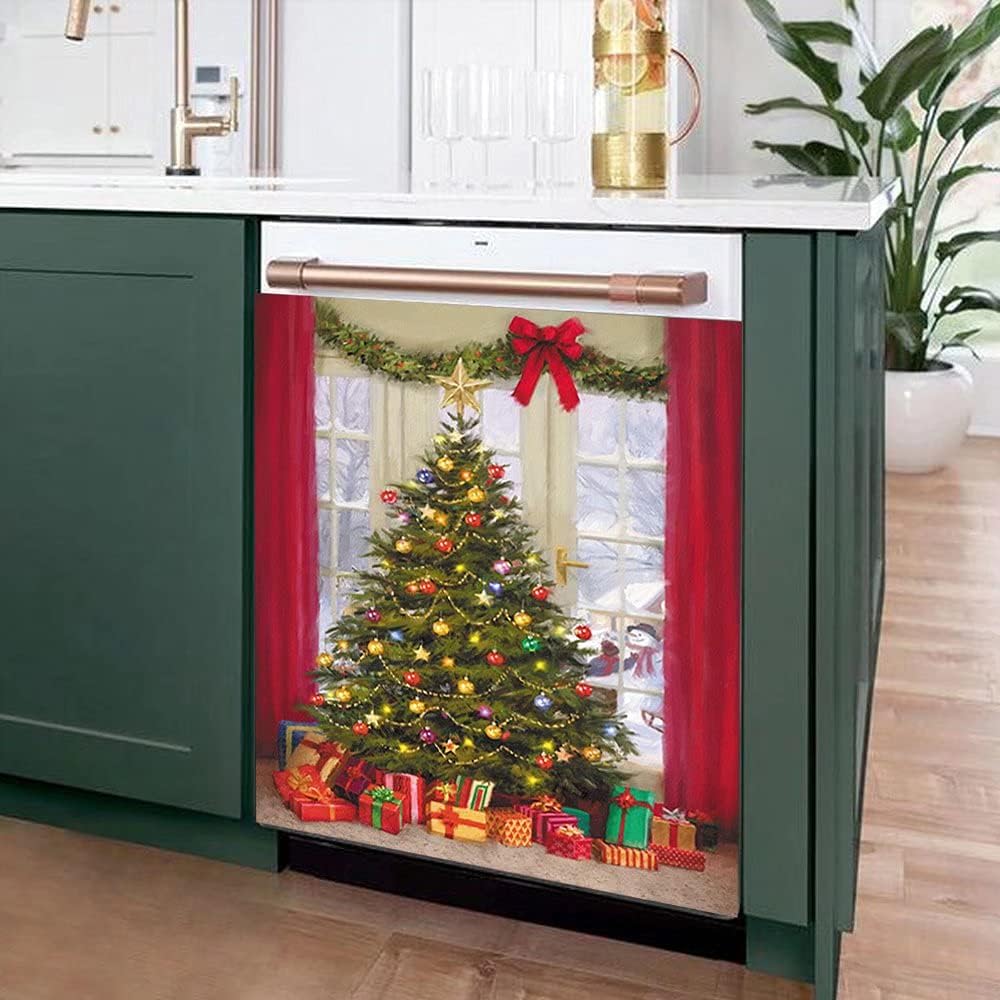 Christmas Tree Dishwasher Magnet,Merry Xmas Refrigerator Sticker Cover,Festival Holiday Dish Washer Magnetic Decal Kitchen Decor,Home Appliance Vinyl Magnets 23"x26"