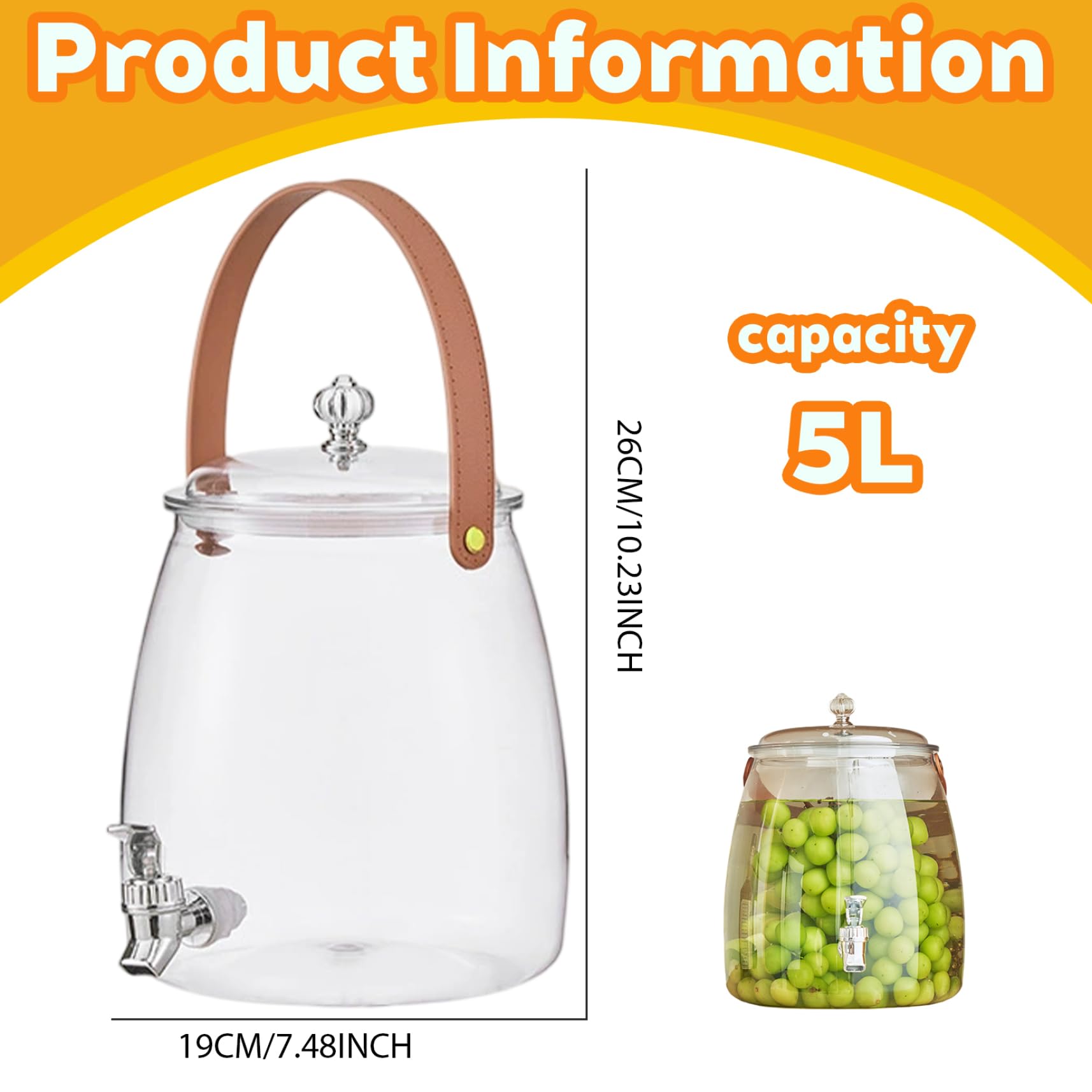 Dispensador de bebidas 5L Dispensador de bebidas de plástico transparente con espiga y tapas a prueba de fugas Jugo de jarra de refrigerador de apertura, jarra de refrigerador, agua.