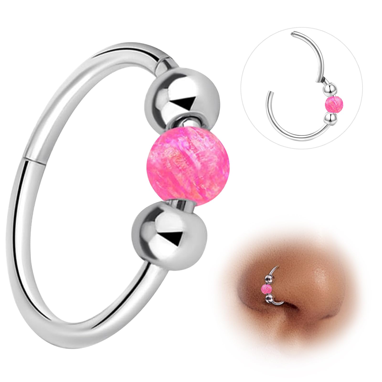 ESHIONER G23 Titanio Piercing Nariz aro Plata Negro Septum Helix Concha Anillos de Segmento Anillos de Labio Joyería Piercing Tragus 18G 8MM 10MM Blanco Azul Rosa Opalo Nostril Piercing para Mujer