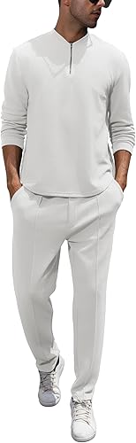 FZNHQL Mens Trendy White Sports Suit Two Piece Outfits Long Sleeve Jogging Set S