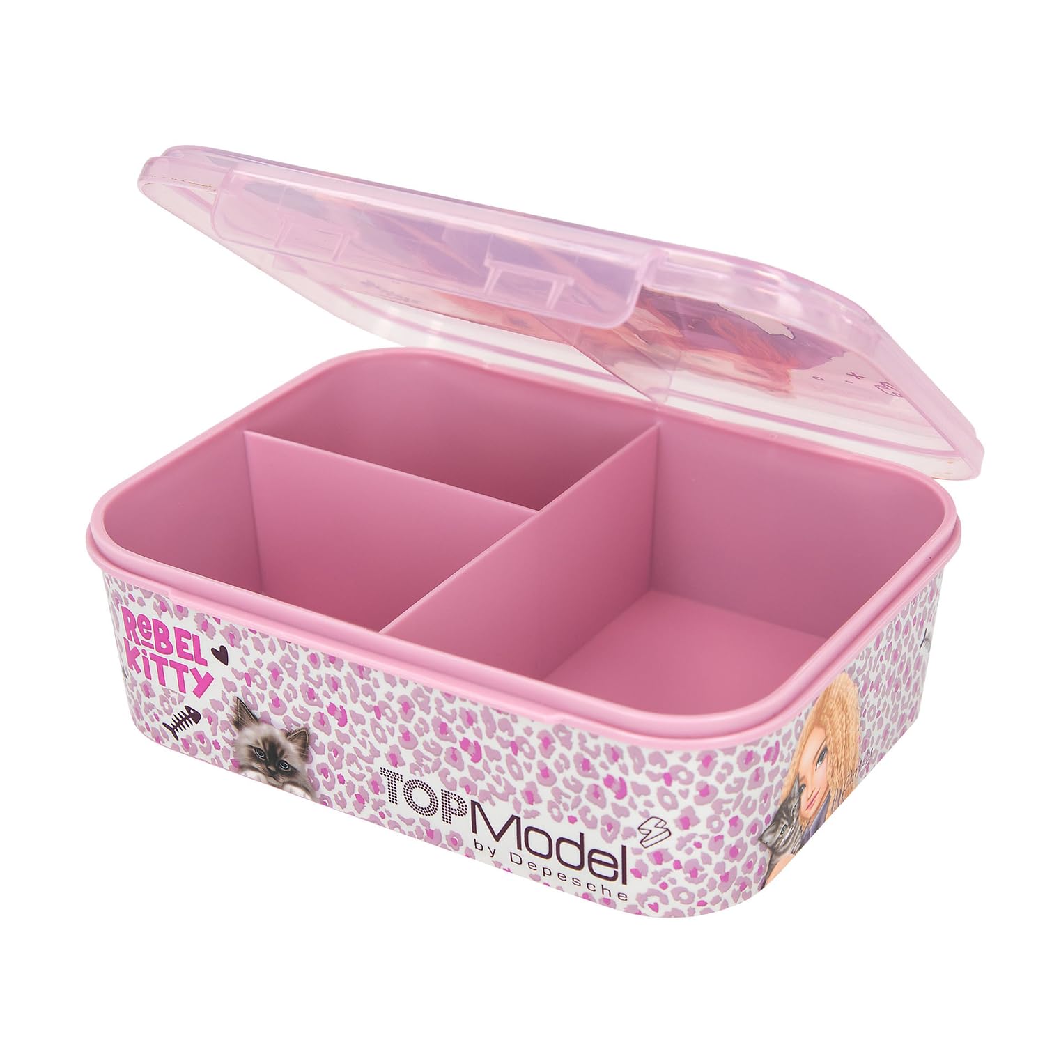 Depesche TOPModel Rebel Kitty 13257 Lunch Box in Purple with Model Motif and Leo Pattern, Lunch Box with 3 Compartments and Transparent Lid