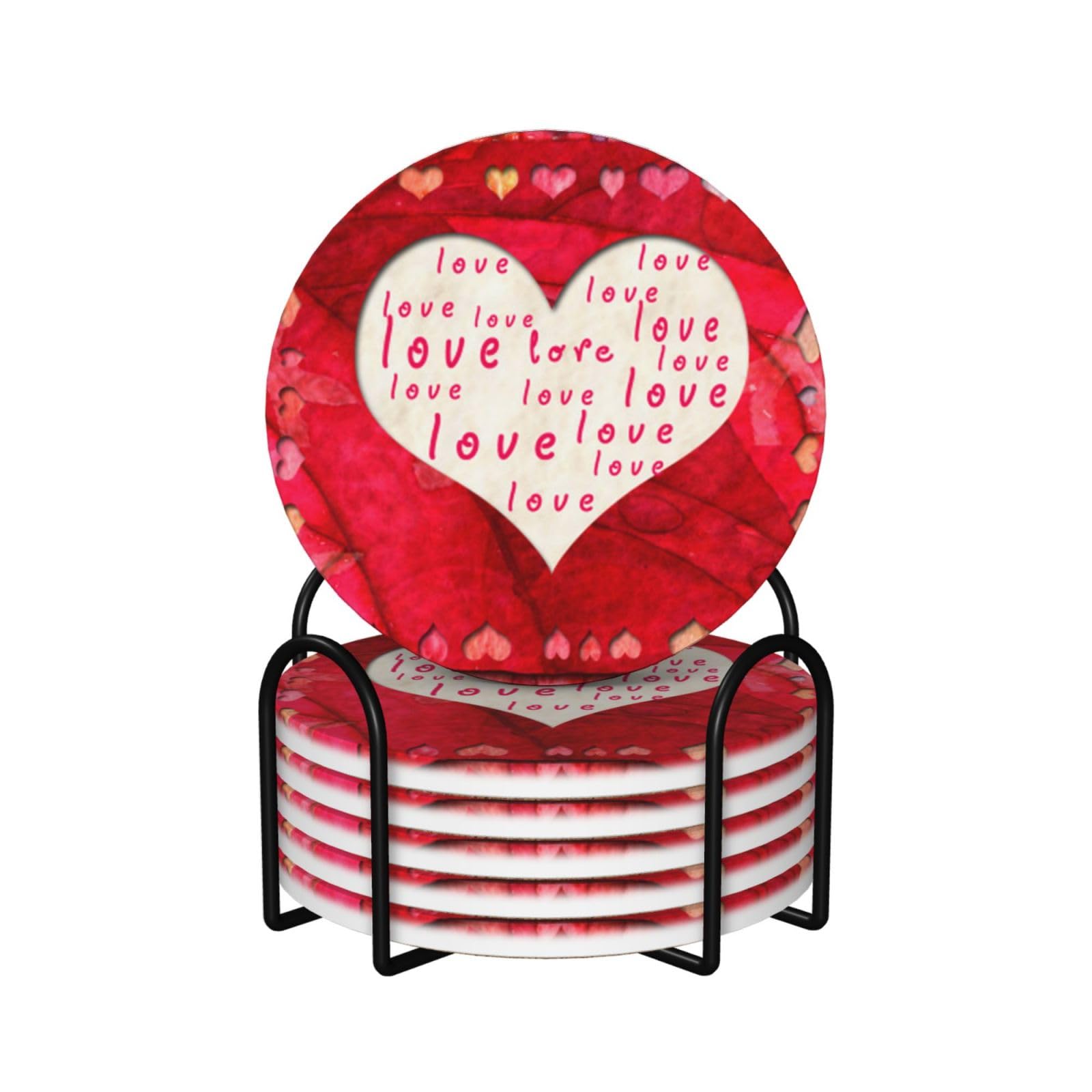 Set di 6 sottobicchieri decorativi in ceramica con stampa cuori rossi