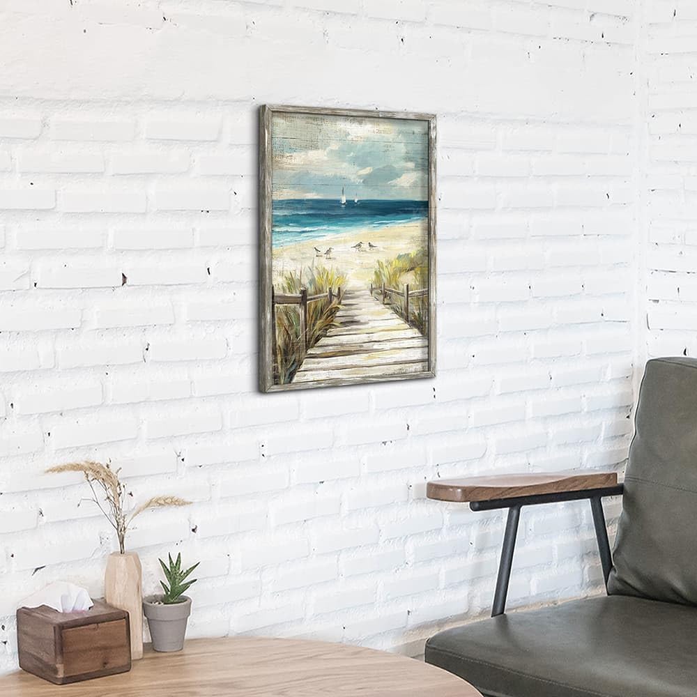 Wood Ocean Beach Wall Art: Framed Coastal Landscape Painting Vertical Seaside Boardwalk Prints Rustic Sea Wave Seascape Artwork Relaxing Shore Seagulls Picture for Bathroom Bedroom