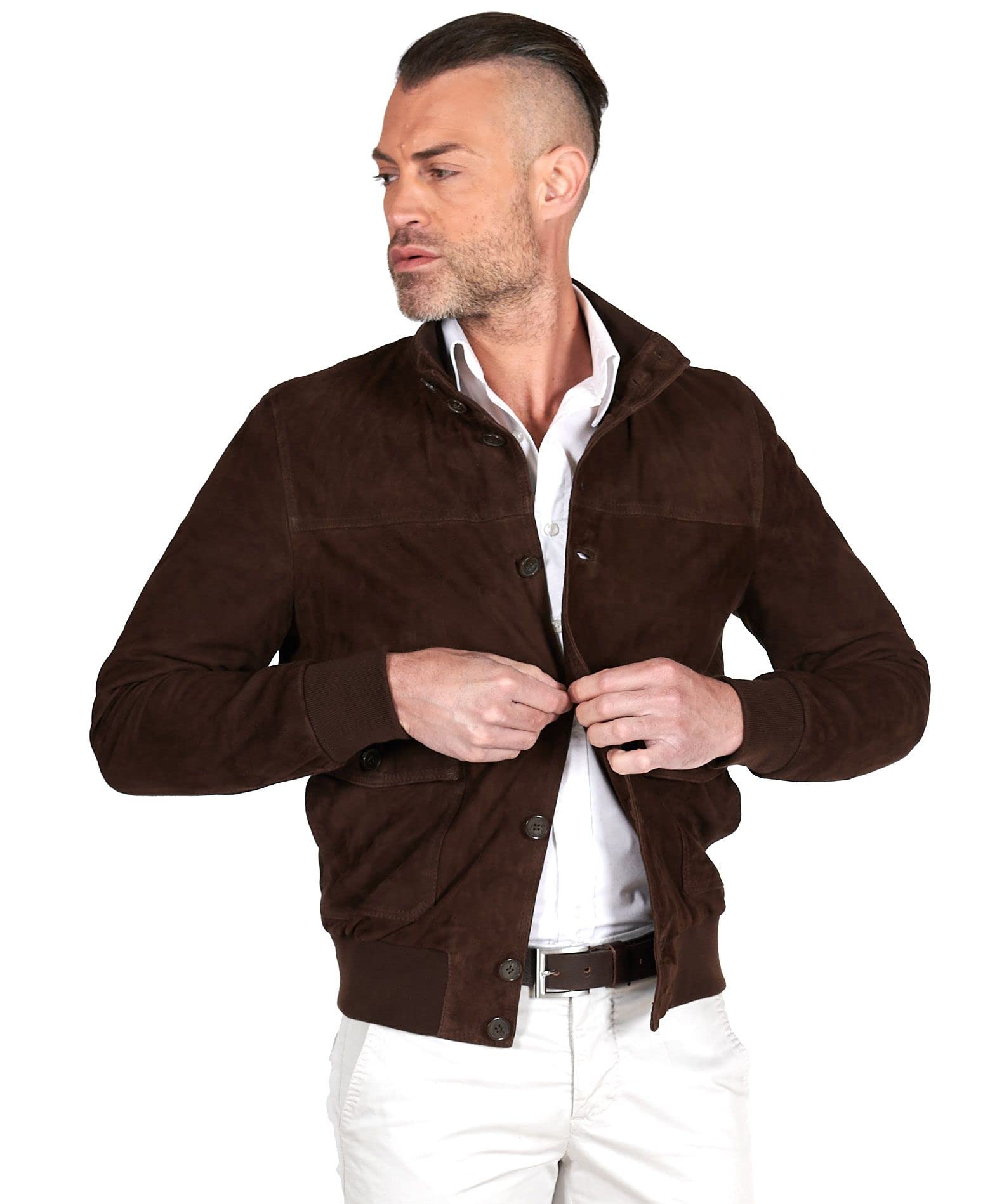 D'Arienzo Mens Dark Brown Suede Leather Bomber Jacket Genuine Leather Made in Italy Alex Bottoni 44/XXS/Dark Brown