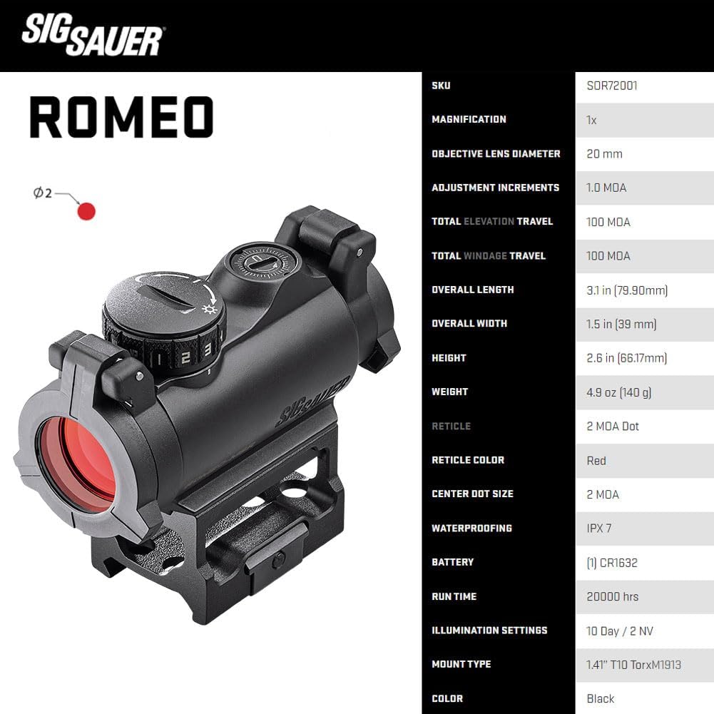 SIG SAUER Romeo-MSR 1x20mm 2 MOA レッドドットサイト | 耐久性のある