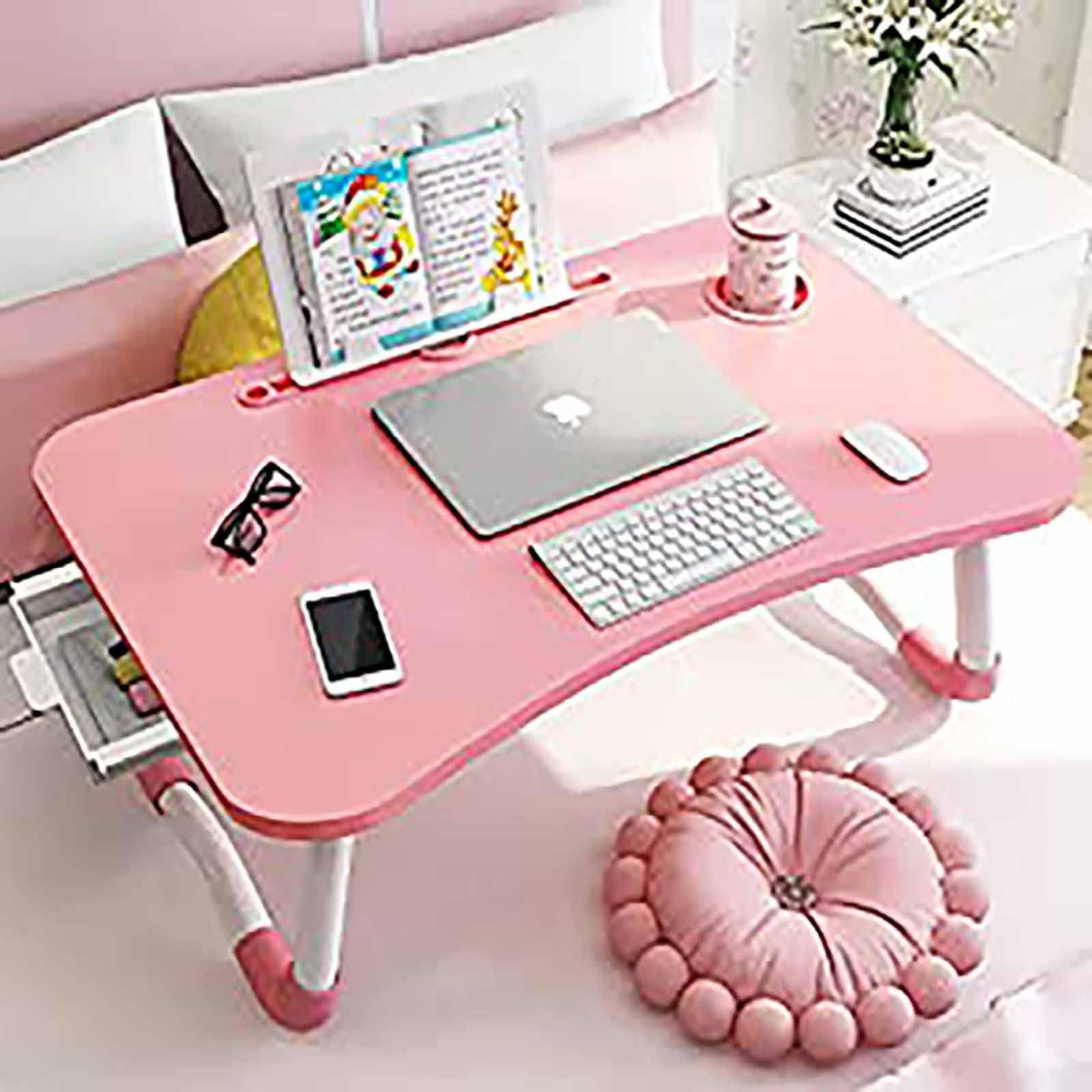 Scrivania per Laptop Multifunzionale Supporto per Laptop Pigro Tavolino Pieghevole Portatile Tavolino da Letto con Cassetto Portaoggetti,Pink