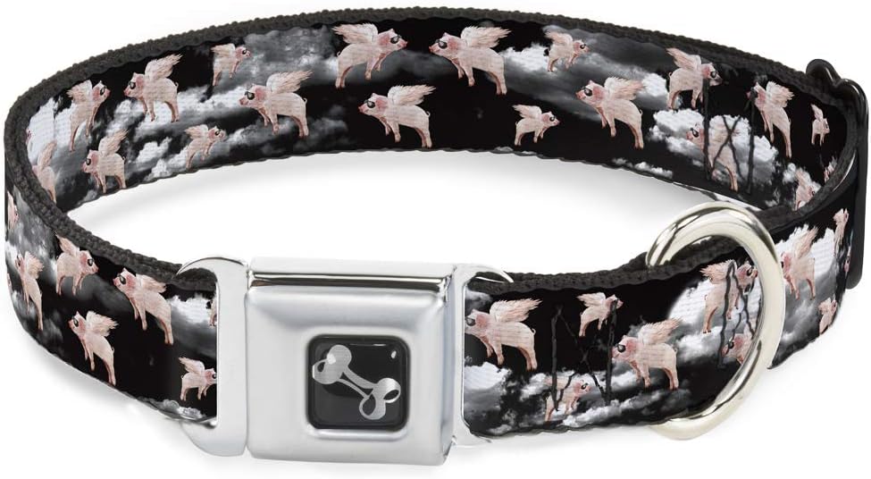 Buckle-Down Seatbelt Buckle Dog Collar - Flying Pigs Black/White/Pink - 1" Wide - Fits 11-17" Neck - Medium