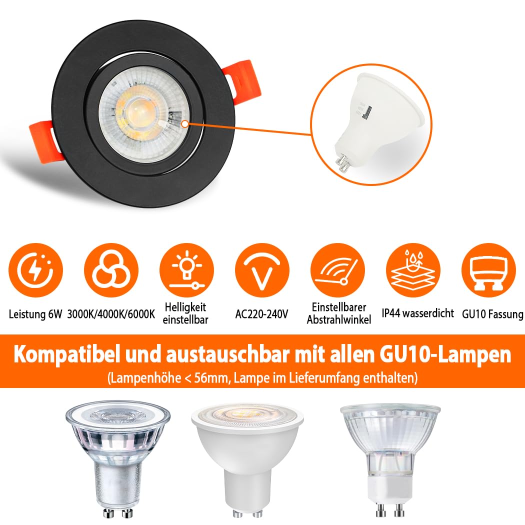 LED Einbaustrahler 230V Dimmbar 7W LED Spots 230V Verstellbarer Winkel,Farbtemperatureinstellbar Einbaustrahler LED mit GU10 Glühbirnen,IP44 Wasserdicht Deckenspots Schwarz für Küche,Bad,6er Set