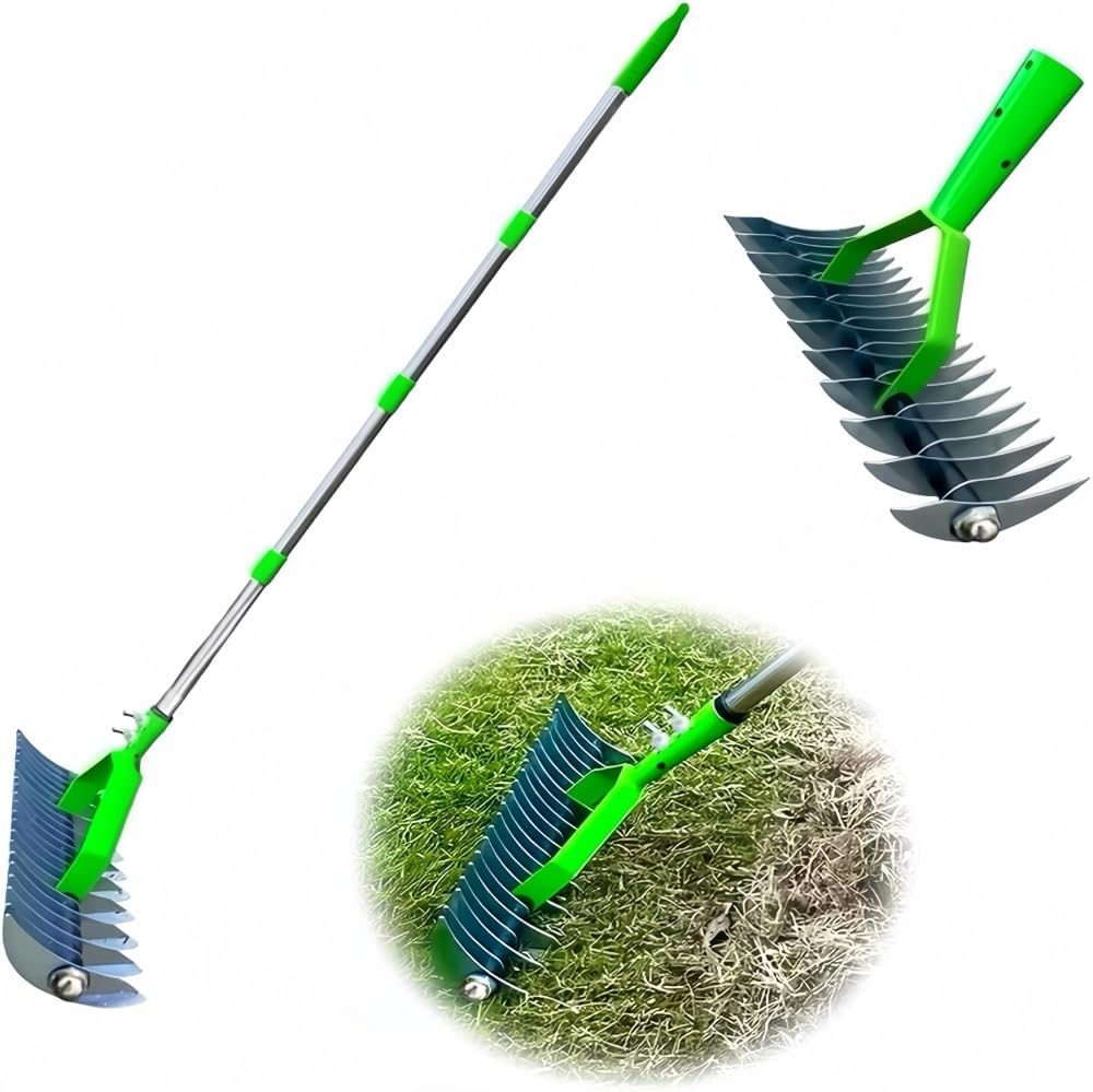 Nihig芝生の用、落ち葉用、庭のスケール除去用、土壌ほぐし、土壌レーキ、1.3m/1.7m 、伸縮式、本物の爪付きステンレススチー