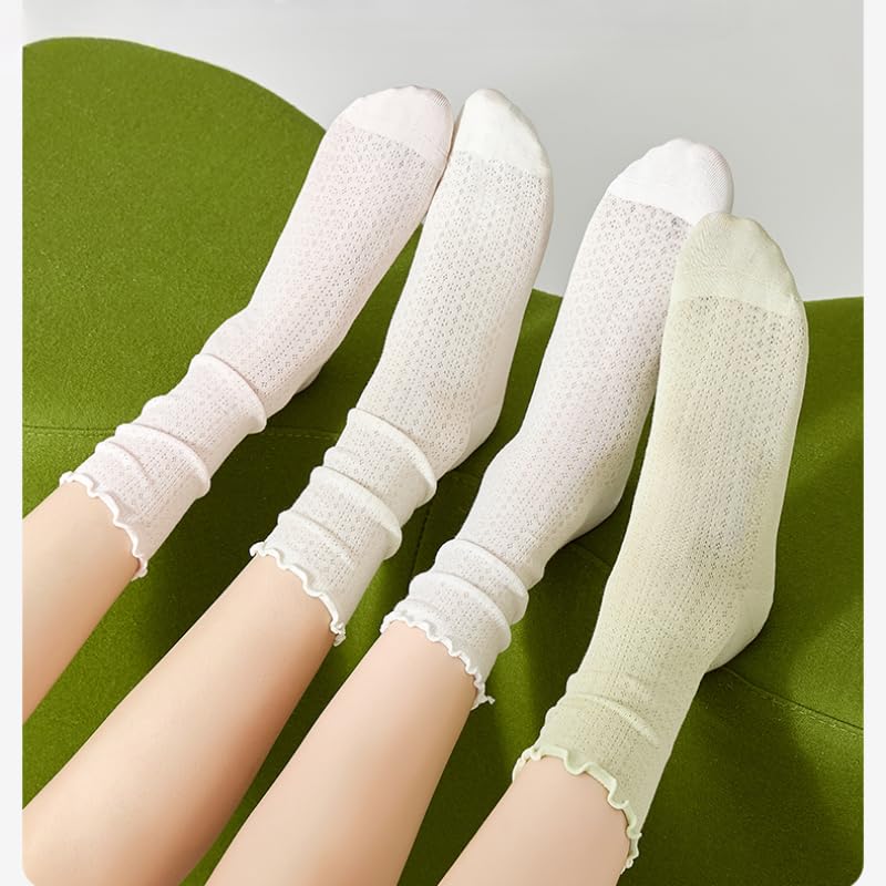 Female summer thin mesh breathable pure cotton tube wood ear lace white pile socks boneless moon socks mixed color *5 pairs2