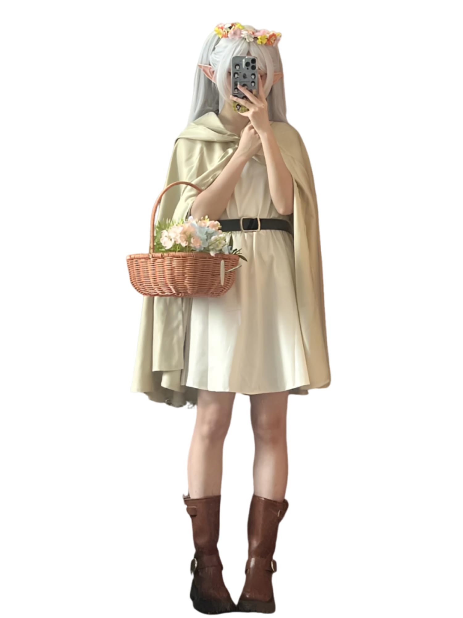 NSPSTT Frieren Costume Cosplay White Elf Dress with Cape & Belt 3-Piece Set Women‘s Elf Outfit Anime S