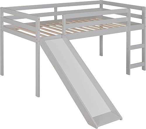 Miniatura 4 de Anwick Cama tipo loft individual con tobogán cama baja con listones de madera maciza y barandilla de protección cama tipo loft individual de madera