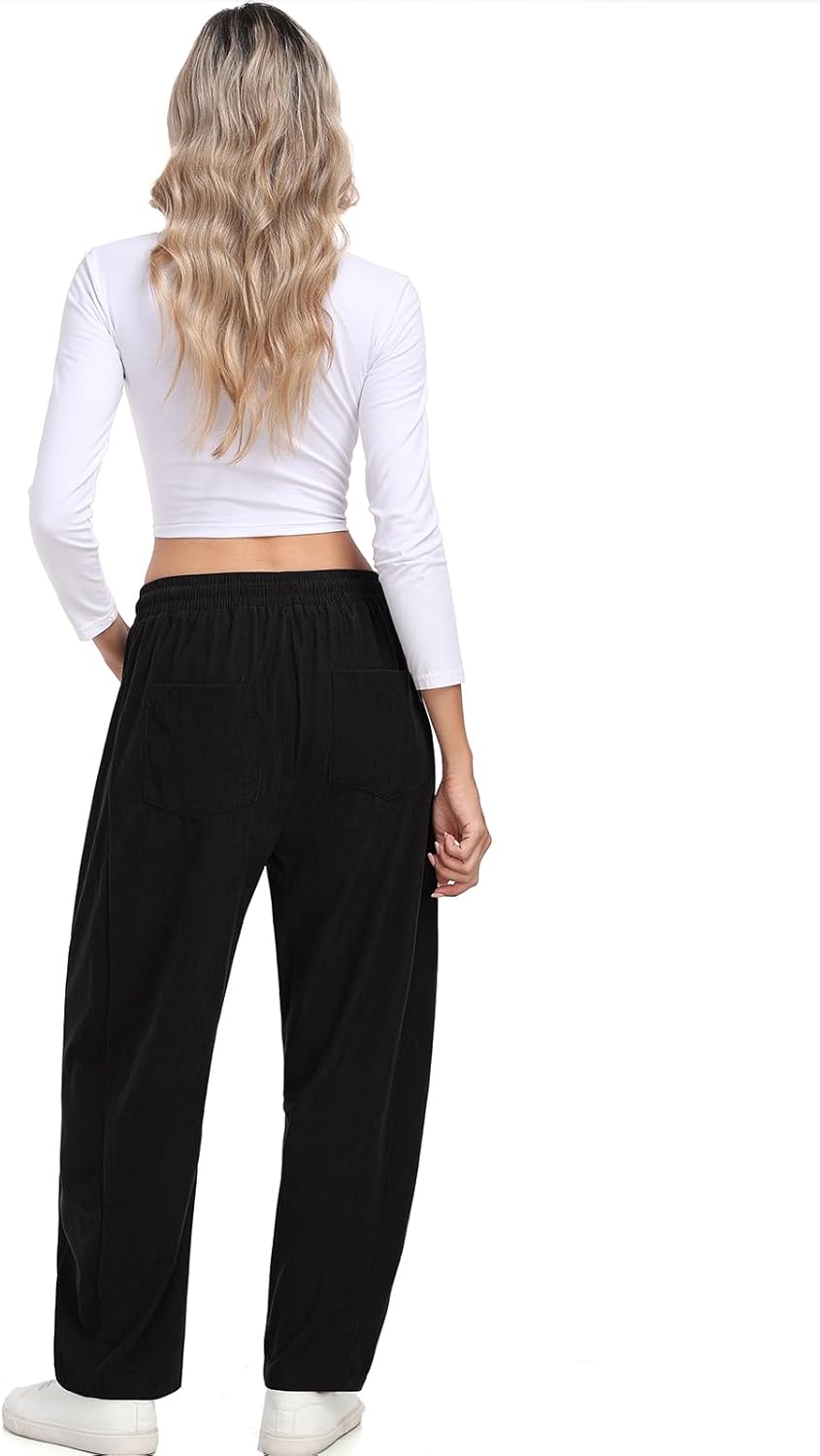 HOTIAN Womens Corduroy Pants Barrel Mid Rise Elastic Waist Loose Comfy Casual Baggy Trouser with Pockets - Image 3