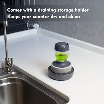 DAPOWER Dish Brush with Soap Dispenser, Kitchen Scrub Brush for Dishes Pots Pans Sink Cleaning, Scrub Sponge Dish Scrubber with Holder Set