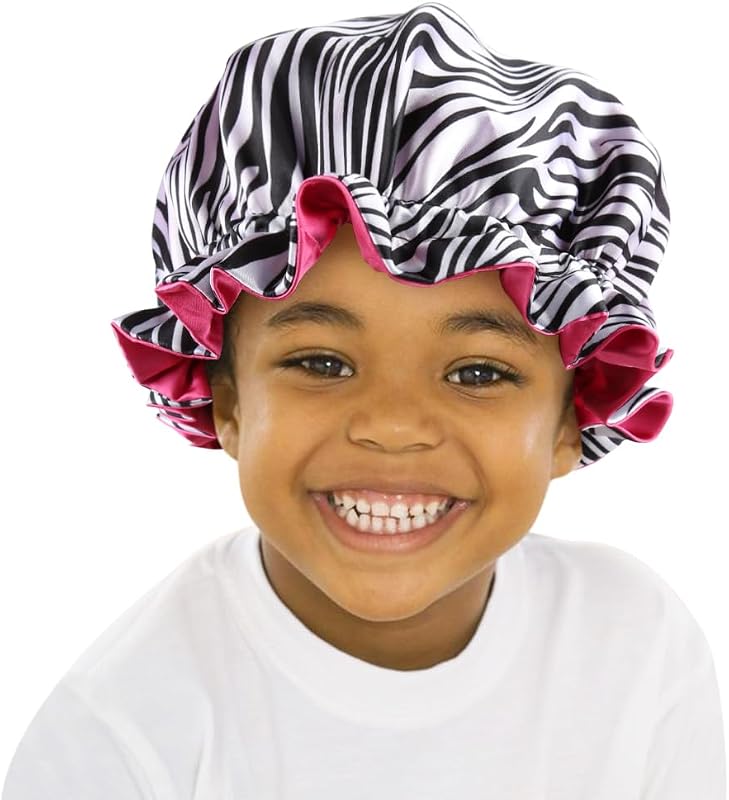 Touca de cetim infantil reversível sent hair com cordão ajustável, estampa Zebra, Rose Red