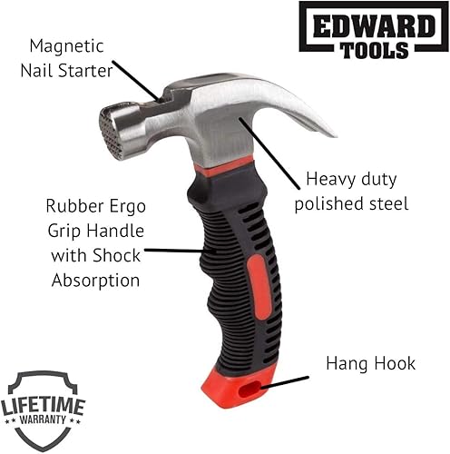 Miniatura 2 de Edward Tools Martillo de garra pequeño de 8 onzas con arrancador de uñas magnético, cabeza de acero pulido resistente, mango de agarre de goma Ergo,