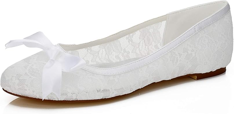 JIAJIA 5378 Womens Bridal Shoes Closed Toe Lace Satin Flats Rhinestone Wedding Shoes