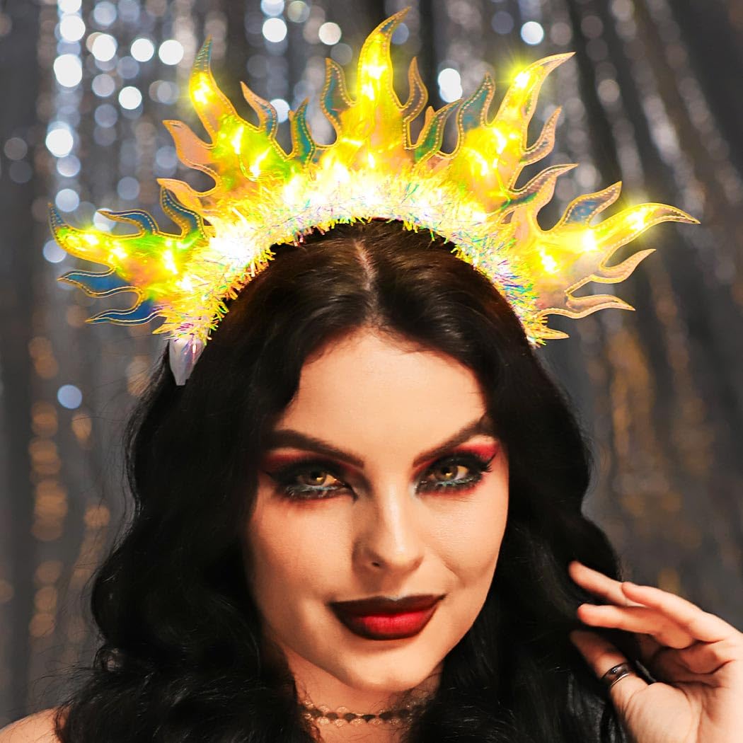 Handcess Light up Flame Crown Headband Festival LED Fire Hair Band Glowing Costume Hair Hoop Party Rave Hair Accessories for Women (Yellow) - Image 2