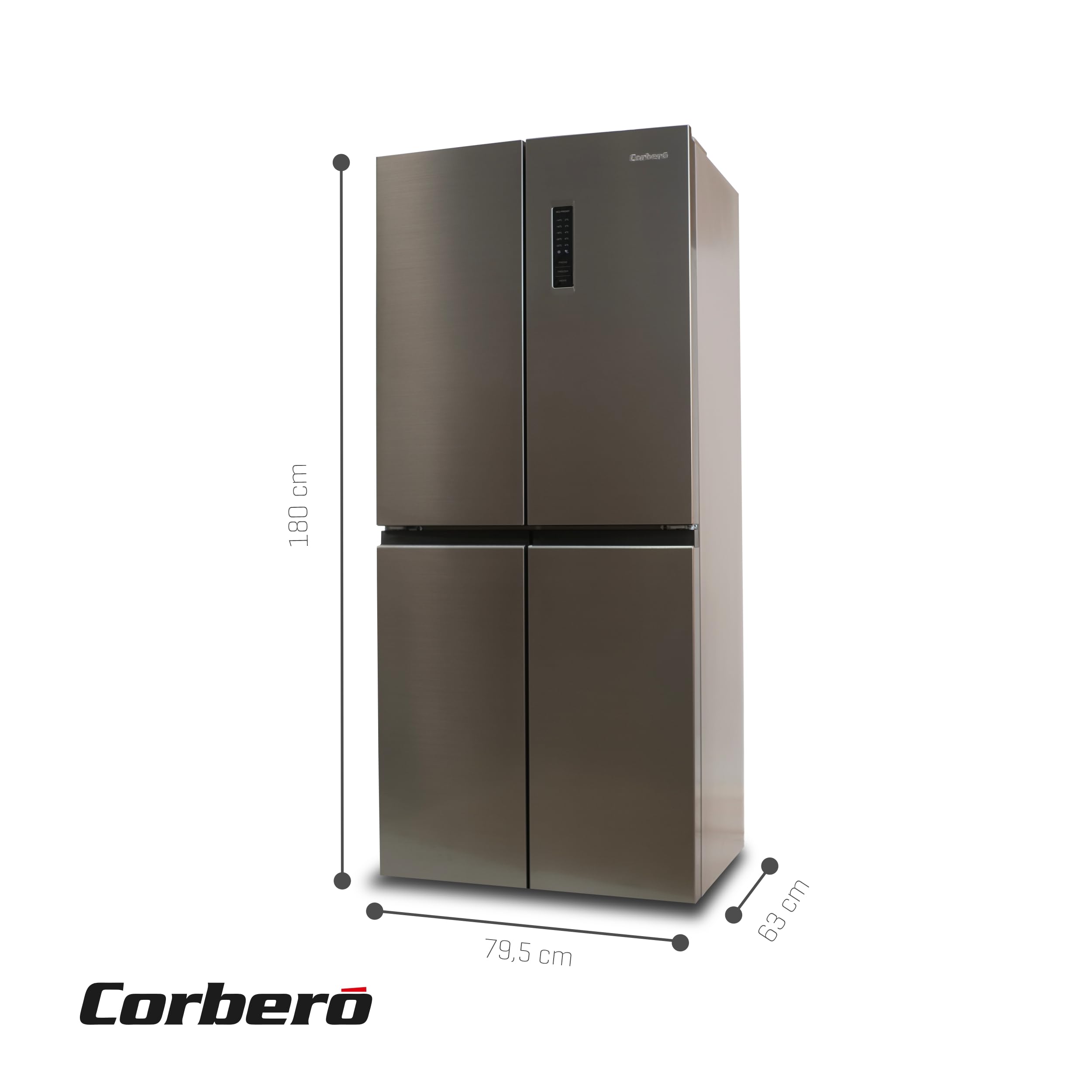 Corberó - Frigorífico 4 Puertas | CF4PH4823NFX | No Frost | Inverter | 362L | 180 cm | Display Puerta | Fresh Box | Crisper | Fresh Box Convertible | Estantes de Cristal | Función Eco | Inox