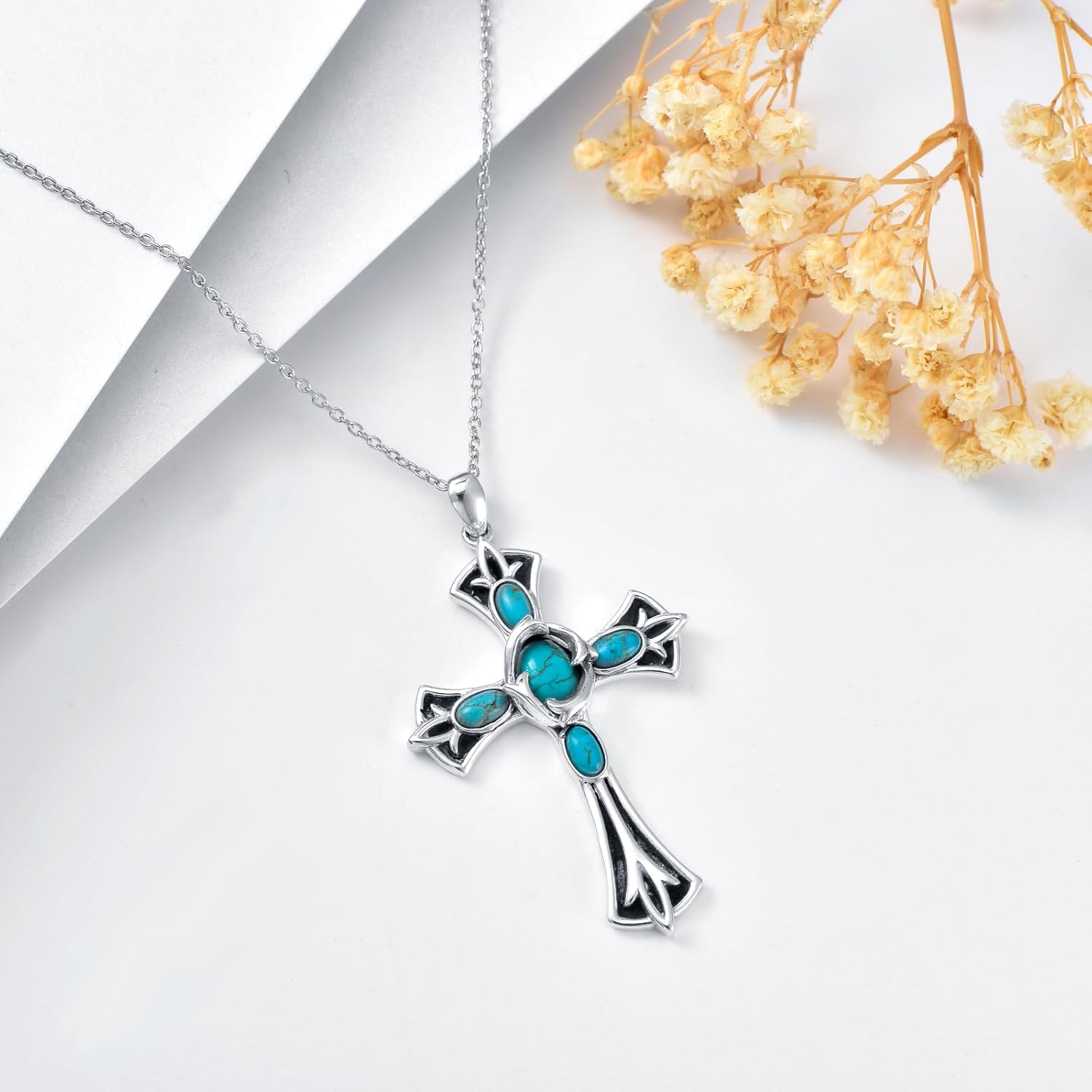 Genuine Turquoise Cross Necklace for Women Sterling Silver Gemstone Western Boho Pendant Jewelry Gifts for Her - Image 4