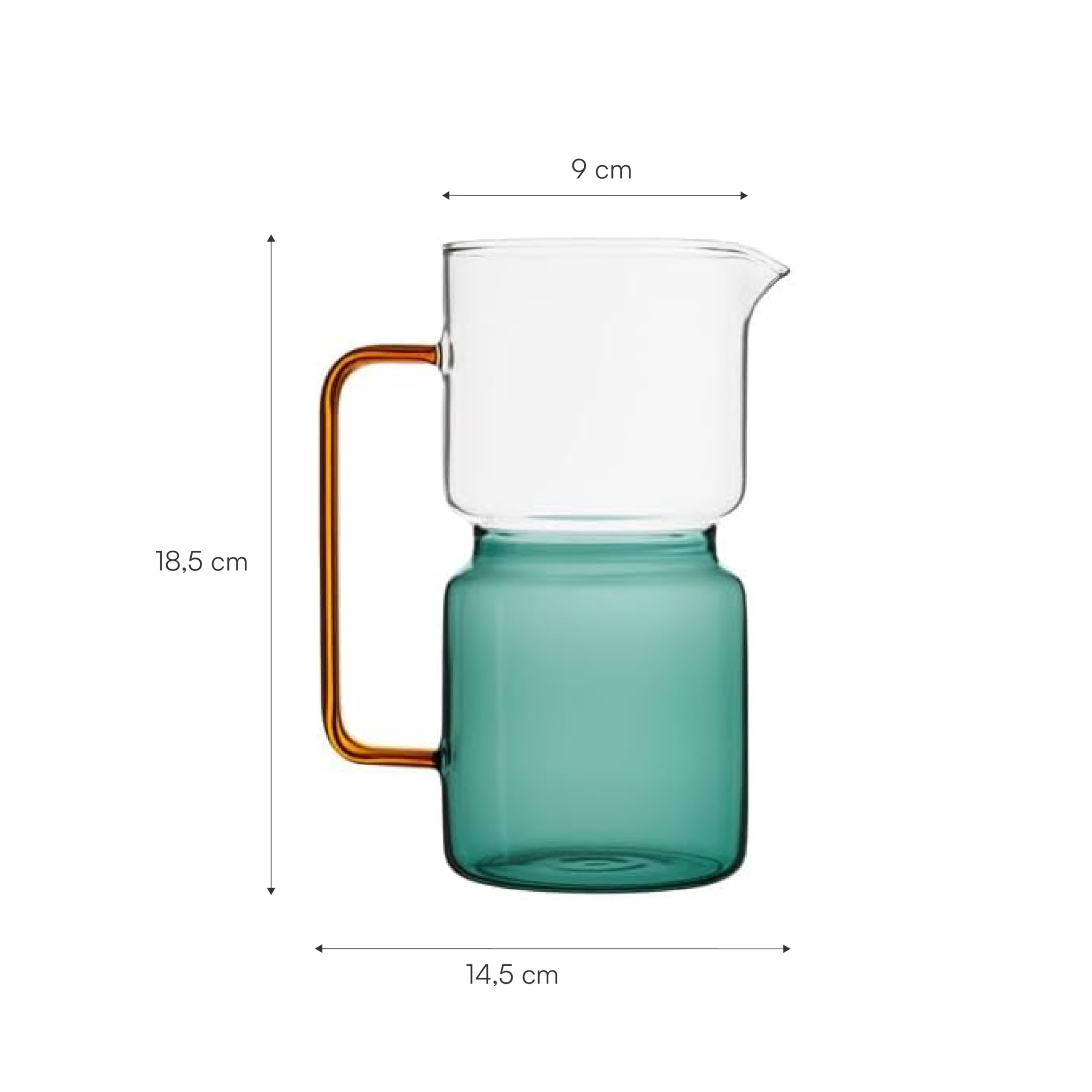 Baroni Home Caraffa in Vetro Borosilicato, Brocca con Manico, Design Moderno, Caraffa con Sistema Antigoccia, Facile da pulire, per Bevande Calde e Fredde, 1L, 14,5x9x18,5 cm (Bicolore Squadrata)