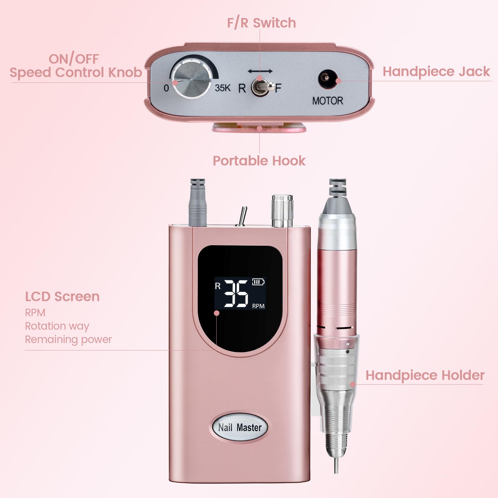 Delanie Torno para Uñas 35000rpm Profesional Portátil Acrilicas Inalambrico 35000rpm Recargable de Gel para Manicura y Pedicura con 6 brocas Recambios y Pantalla LCD para Salón y Hogar