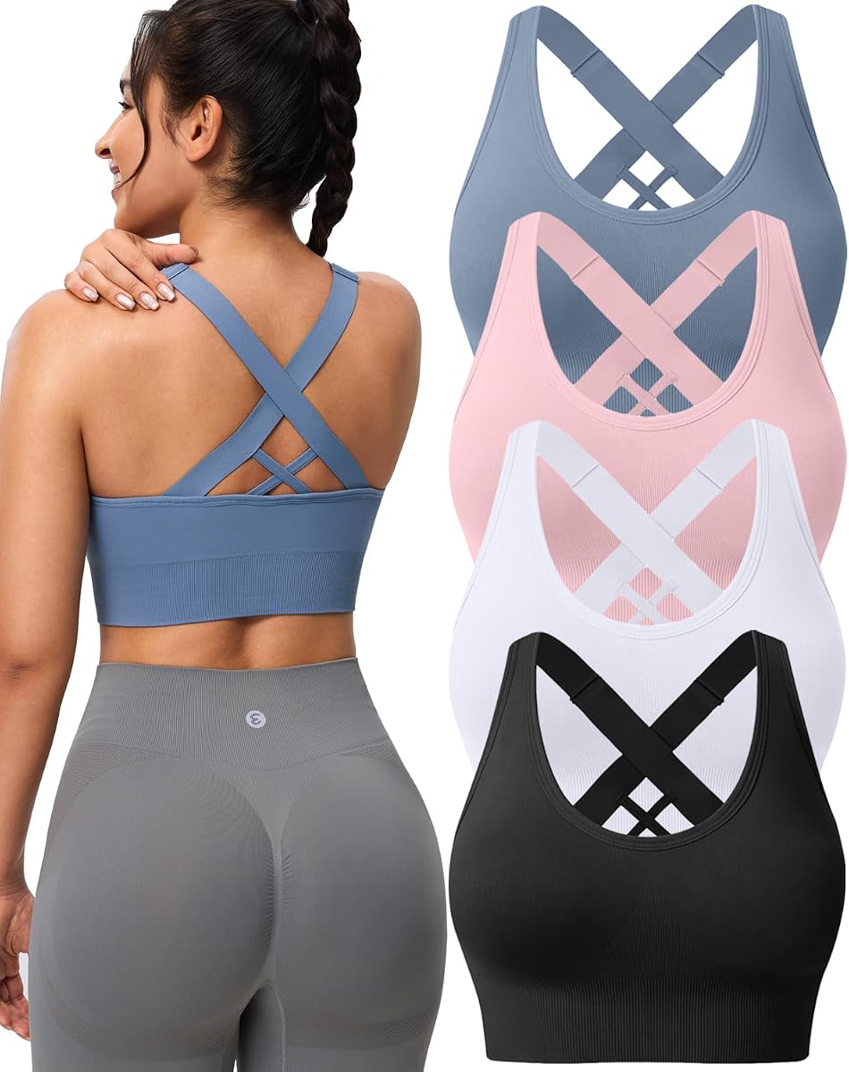 High Support Sports Bras for Women, Padded Criss Cross Seamless 3-5Pack | Removable Pads, Adjustable Straps, Plus Size, Big Bust, Full Coverage, 4-Way Stretch, Strappy Back, for Workout Yoga Exercise