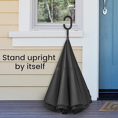 Miniatura 6 de G4Free Paraguas invertido grande de 62 pulgadas con mango en forma de C, resistente al viento, doble capa al revés, paraguas de lluvia para