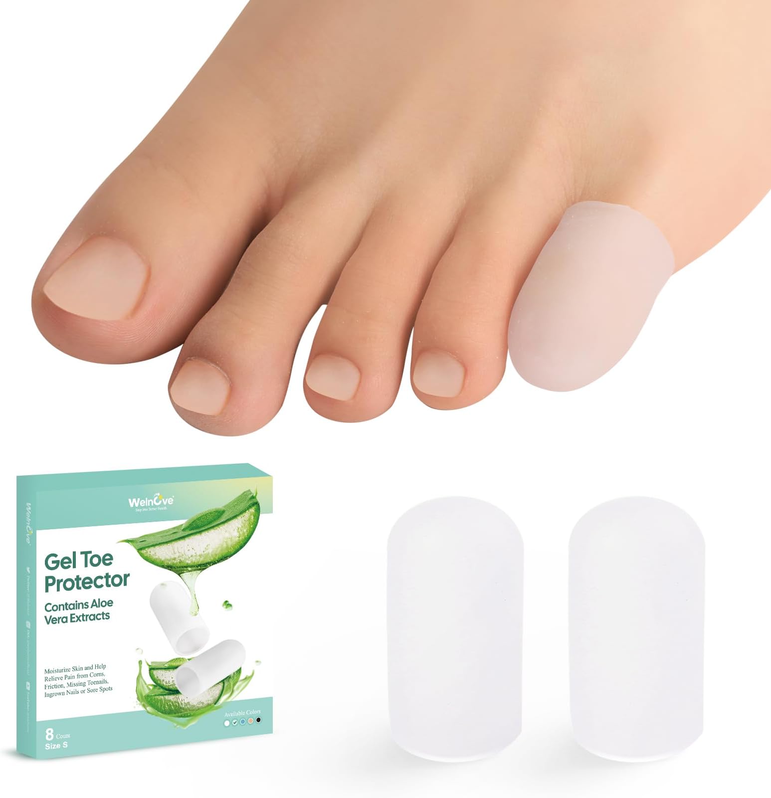 Welnove Gel Toe Cap and Protector - Infused Silicone Toe Covers - Pinky Toe Cushions for Pain Relief, Missing or Ingrown Toenails, Corns, Calluses, Blisters (8S, Clear)