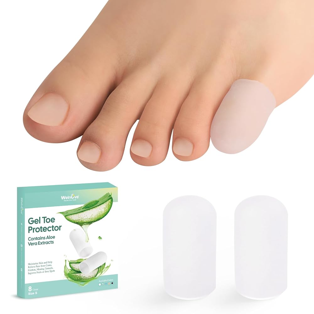 Welnove Gel Toe Cap and Protector - Silicone Toe Covers - Toe Cushions for Pain Relief, Missing or Ingrown Toenails, Corns, Calluses, Blisters - Infused Aloe Vera Extract (8 Small, Clear)