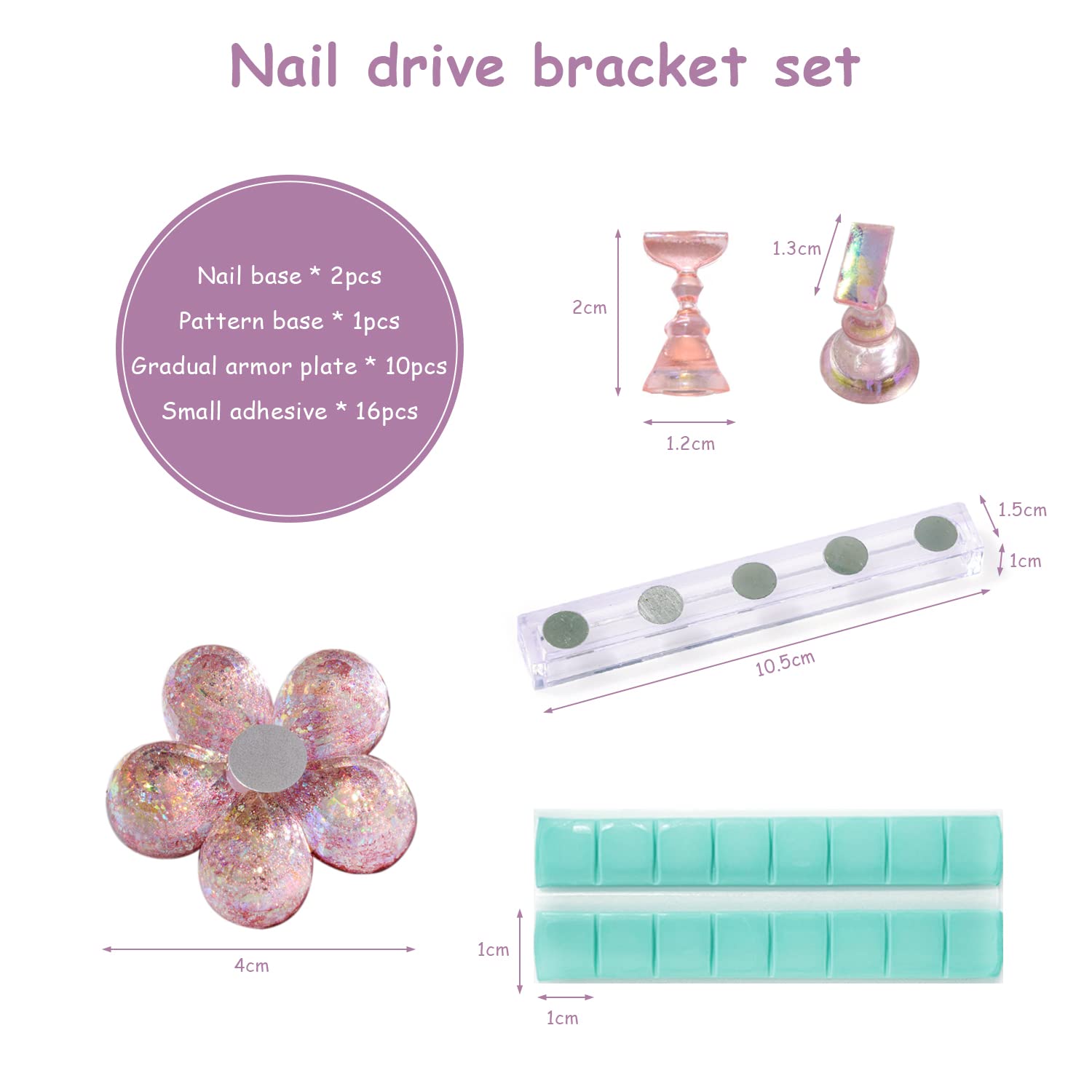 10 pièces de support d'art d'ongle magnétique rose, support de peinture d'ongle, présentoir d'art d'ongle, outil de pratique de faux ongles, avec 3 bases, 16 morceaux d'adhésif
