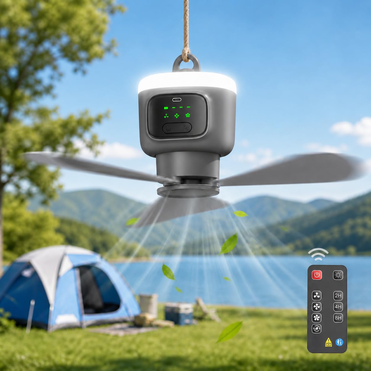 Ventilador de techo con iluminación de 45 cm, batería de 12000 mAh, portátil, ventilador de camping con luz y mando a distancia, temporizador, 3 niveles, recargable por USB, ventilador de exterior