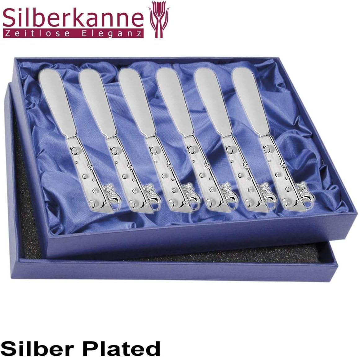 Buttermesser Set 6-teilig Versilbert – Maus & Käse Design – 14,5 cm – Streichmesser aus Versilbertem Edelstahl – Edel, Silber