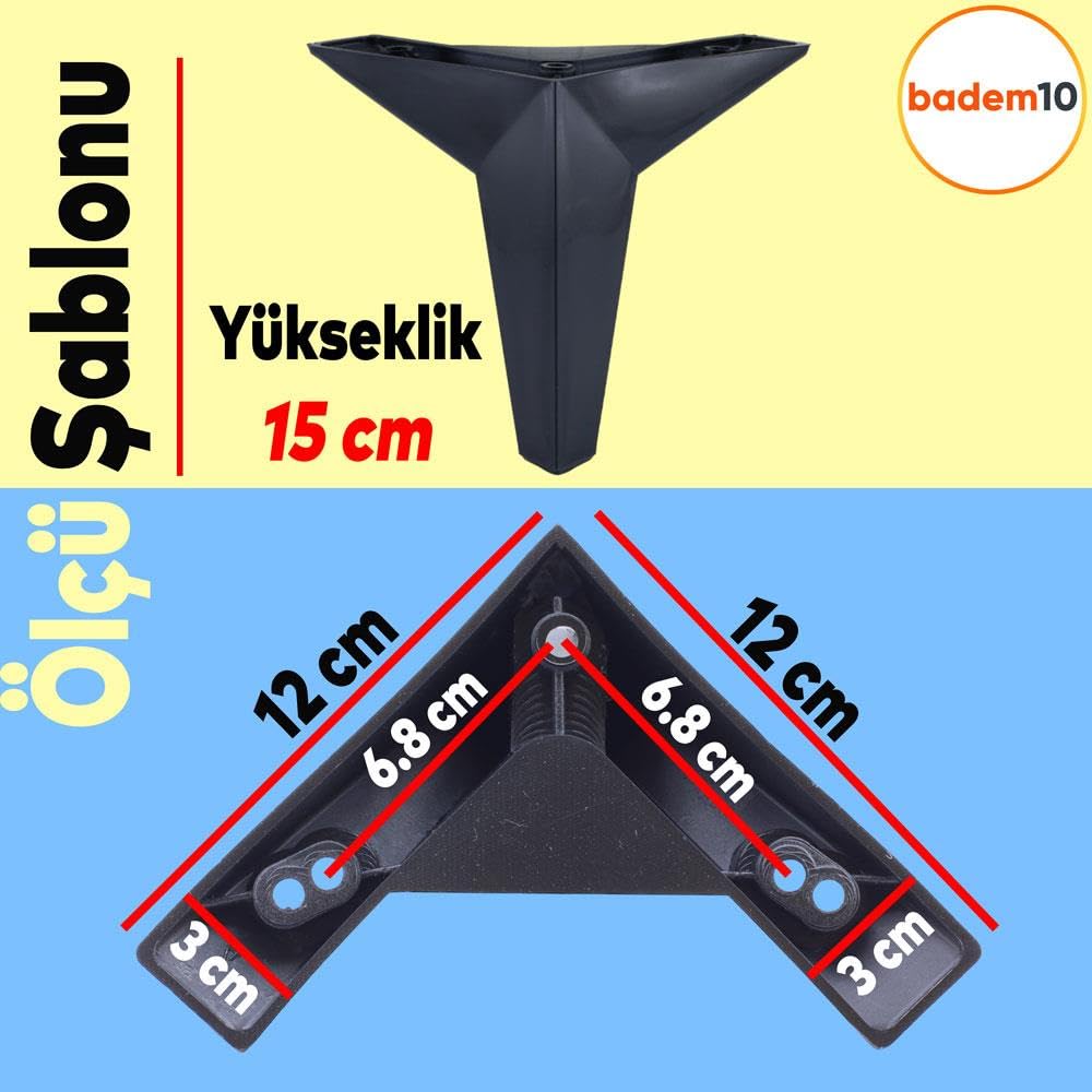 Badem10 Kale 6'lı Set Mobilya TV Ünitesi Çekyat Koltuk Kanepe Destek Ayağı 15 cm Siyah Baza Ayak M8 Civatalı