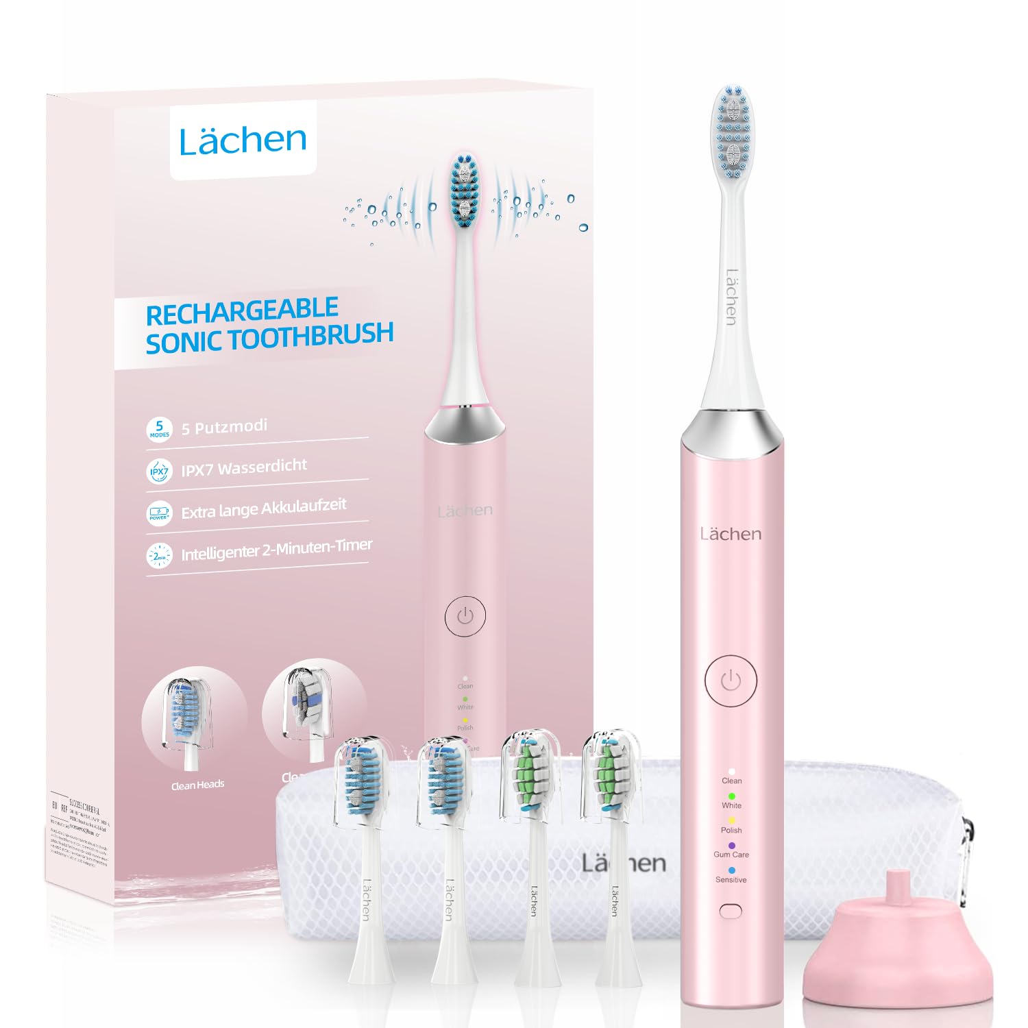 Lächen Electric Toothbrush for Adults - Sonic Rechargeable | 5 Modes & Smart Timer | Travel Case & Wireless Charging | 4 Brush Heads | IPX7 Waterproof - Pink-image-35