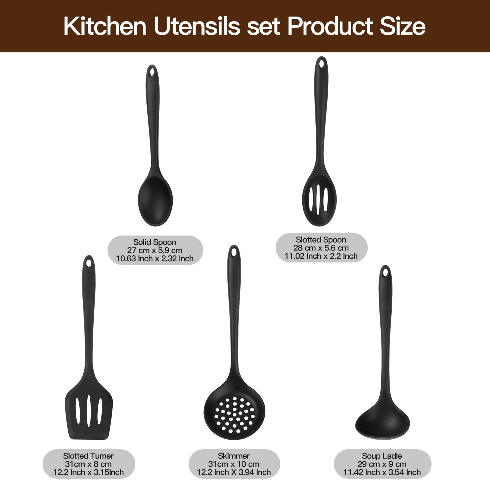 MAXCOOK Silicone Black Cooking Utensil Set, 5 Pieces kitchen Utensil Set, Nonstick Tools Spatula Set, Heat Resistant Spatula Ladle Spoon Pasta Server for Cooking (Dishwasher safe)