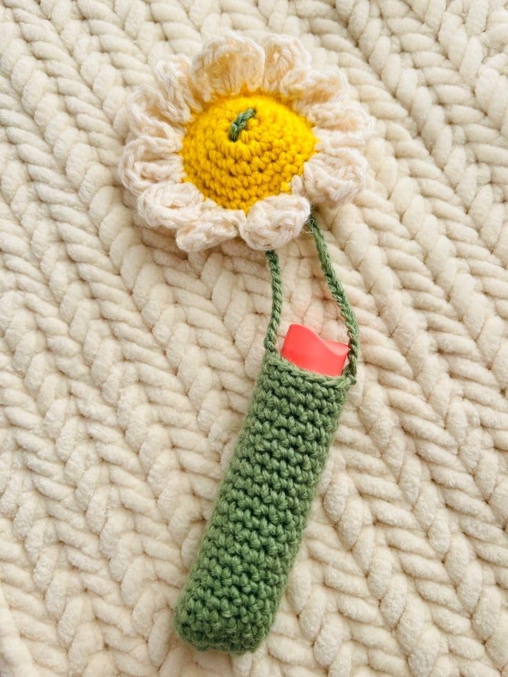 Mirha's Touch Hand Made Crochet Lipbalm Holder | Hand Made Artificial Daisy Flower | Ideal for Lipblam Carry | Made of Acrylic Yarn | White & Green-image-22
