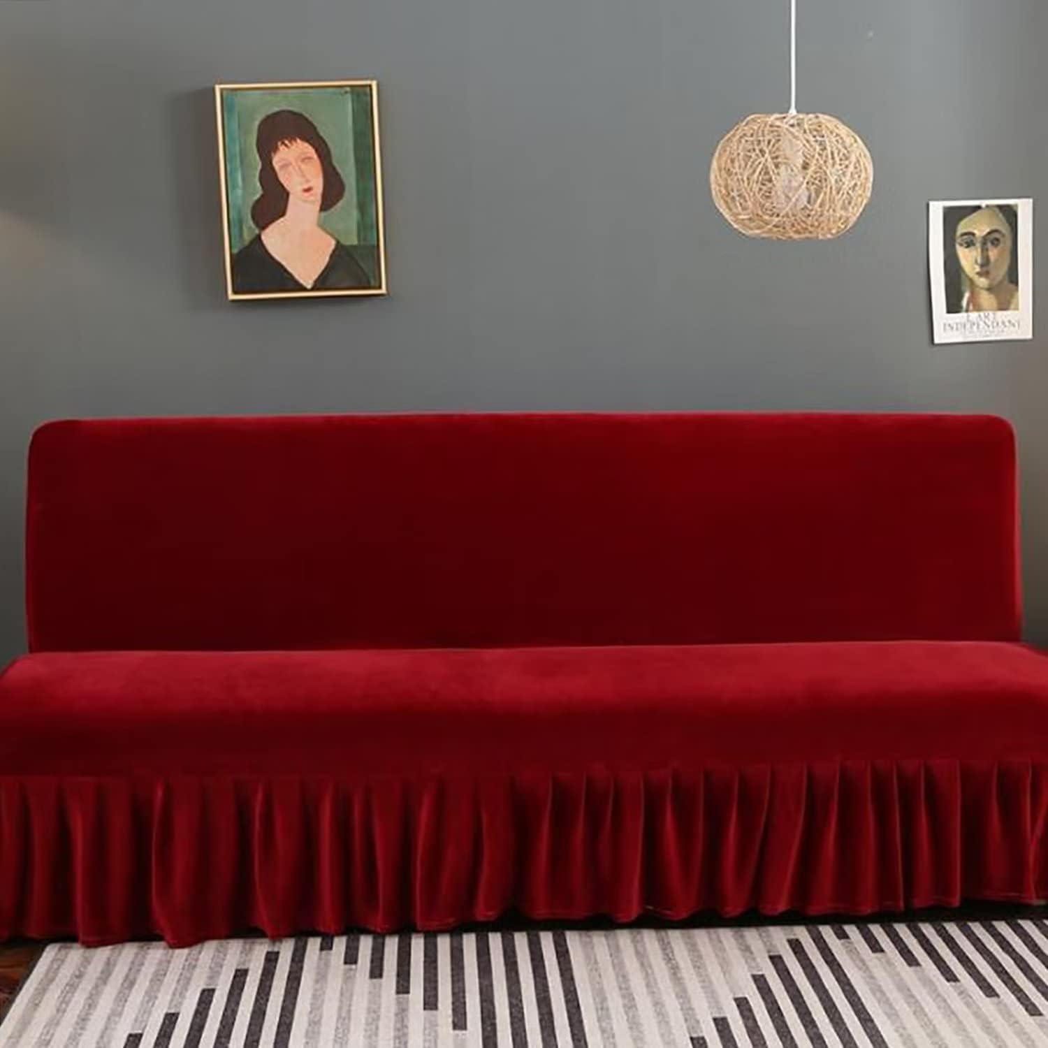 Armless Thick Plush Futon Cover Stretch Velvet Sofa Bed Slipcover Soft Couch Sofa Cover Futon Slipcover Futon Sofa Cover Furniture Bed Protector,59"-67",Red