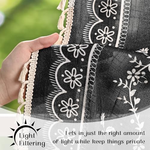 Image of Yinhua Boho Valance Curtains Vintage Linen Kitchen Valances for Windows Light Filtering Bohemian Floral Valance Rod Pocket Tassel Window Valances for Bathroom Cafe, 52 inch W X 18 inch L, Black