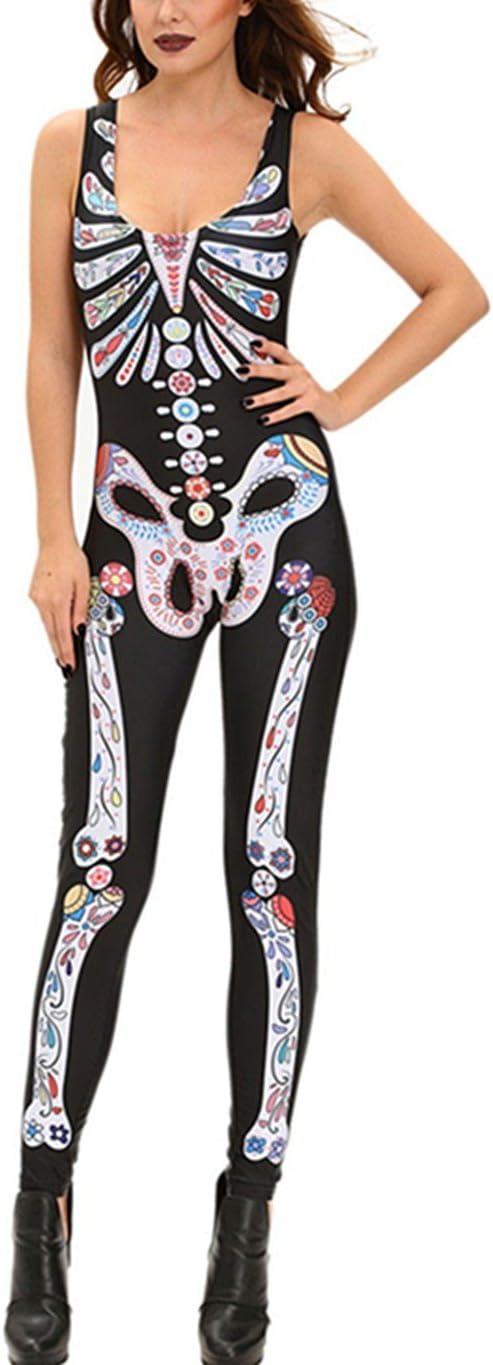 Foryingni Women's Halloween Costume Skeleton Catsuit Bones Printed Playsuit