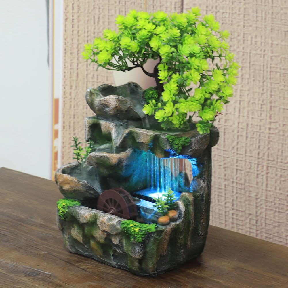 Fuentes de mesa para interiores, cascada de mesa con luces, pequeña fuente de agua de rocalla artificial para decoración de mesa (USB)
