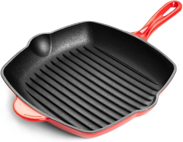 Pre-Seasoned Cast Iron Griddle Pan - Square Cast Iron Skillet - Enamelled Grill Cookware Frying Pan Red, 28cm - by Nuovva