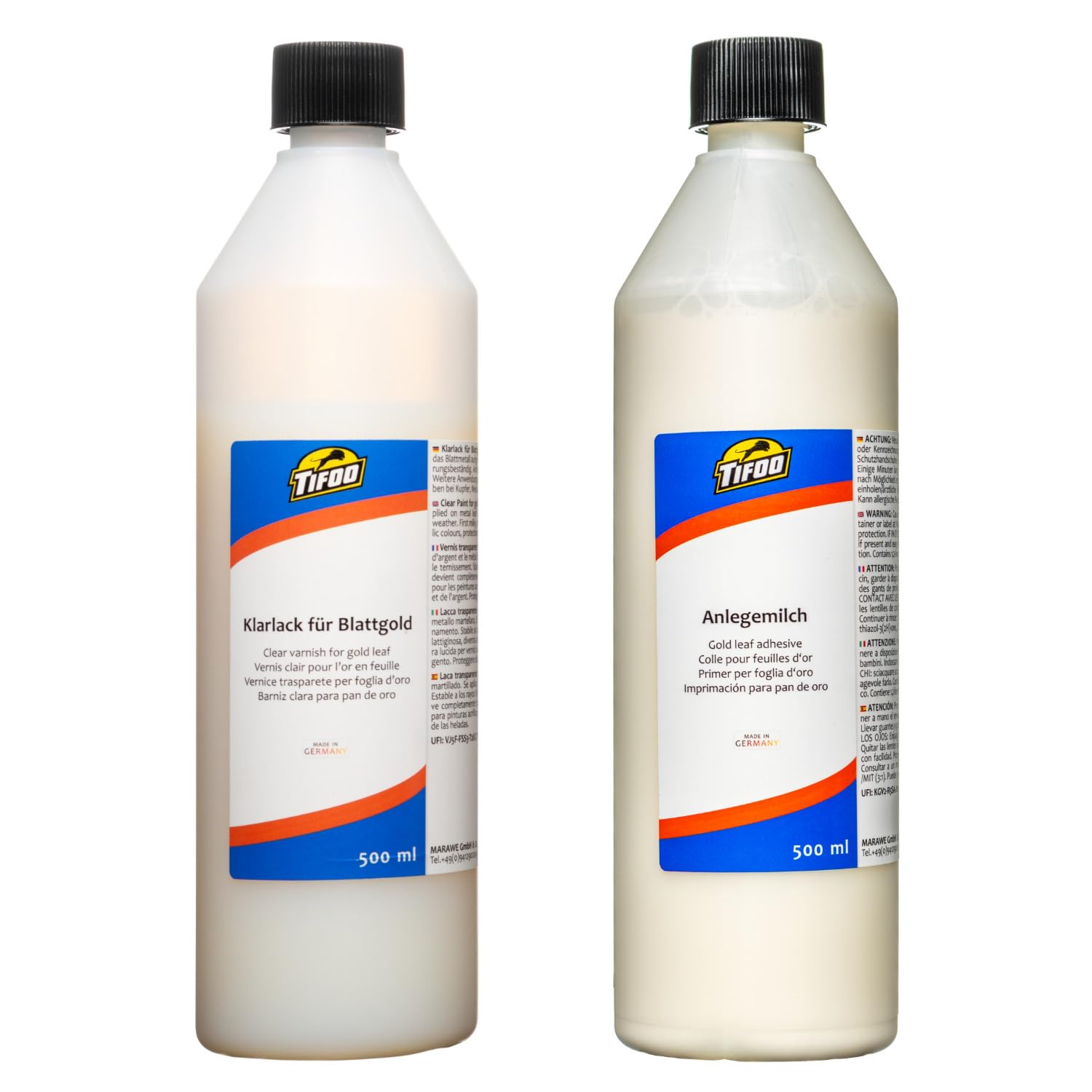 Tifoo Anlegemilch und Klarlack für Schlagmetall, Blattgold und Blattsilber, je 500 mL